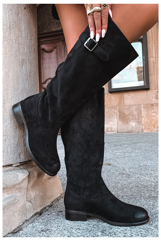 Damenstiefel mit breiten Absätzen mit Schnallen schZuarze Farbe Farela