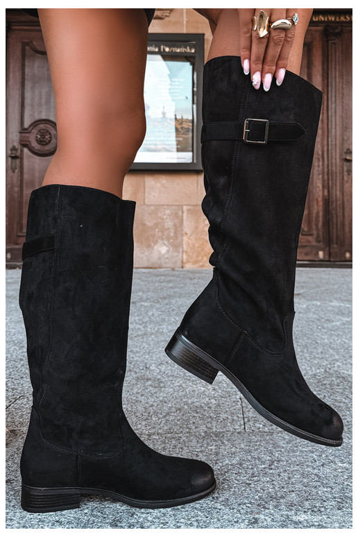Damen lange Stiefel mit breiten Absätzen und Schnallen in schwarzer Farbe Farela