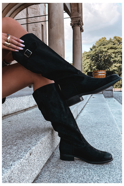 Damenstiefel mit breiten Absätzen mit Schnallen schZuarze Farbe Farela