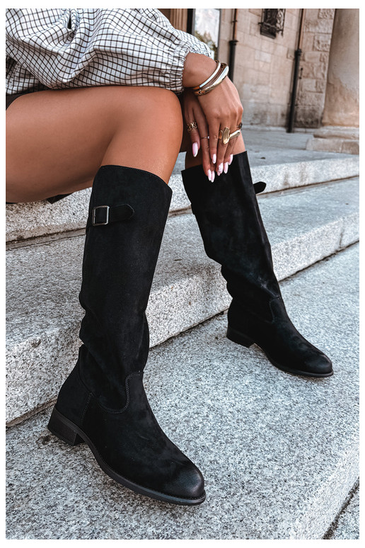 Damen lange Stiefel mit breiten Absätzen und Schnallen in schwarzer Farbe Farela