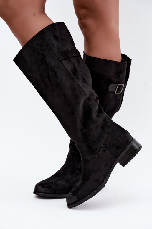 Damenstiefel mit breiten Absätzen mit Schnallen schZuarze Farbe Farela