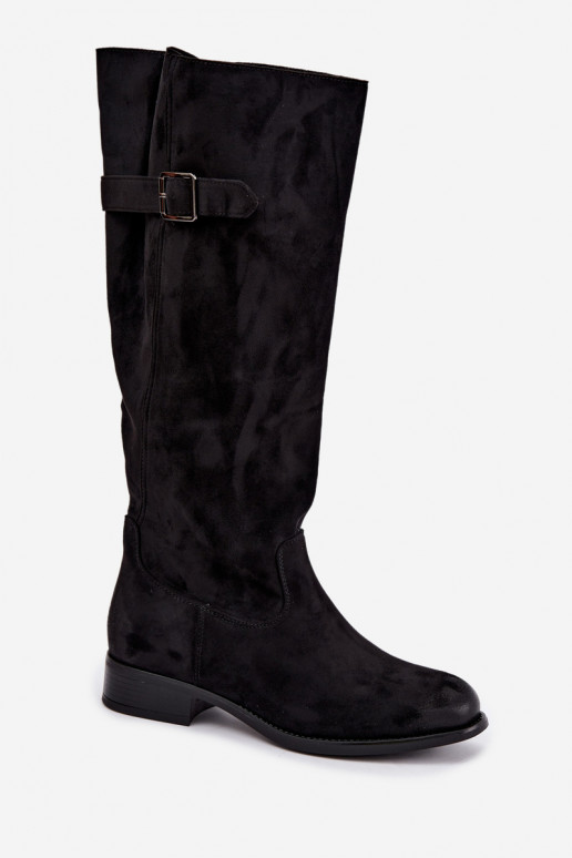 Damenstiefel mit breiten Absätzen mit Schnallen schZuarze Farbe Farela