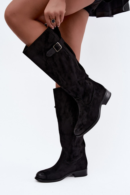 Damen lange Stiefel mit breiten Absätzen und Schnallen in schwarzer Farbe Farela