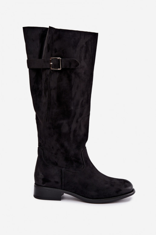 Damenstiefel mit breiten Absätzen mit Schnallen schZuarze Farbe Farela