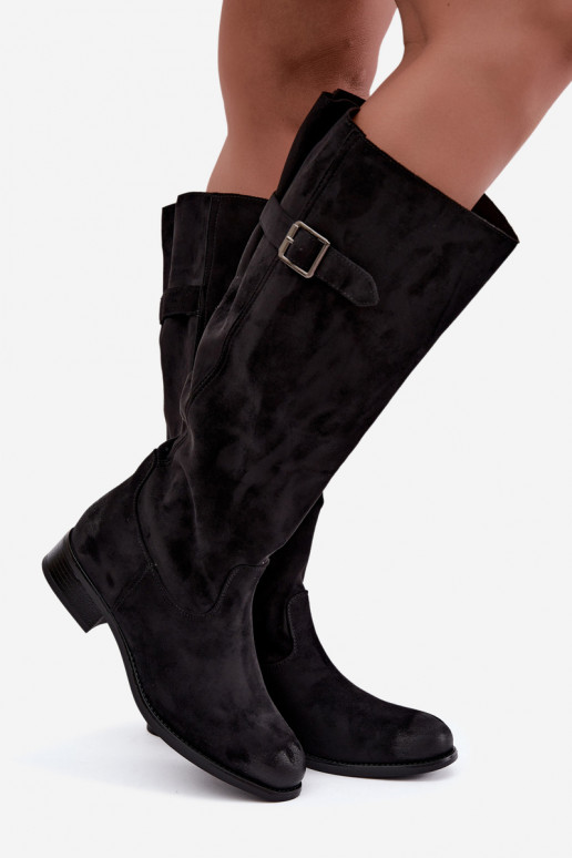 Damenstiefel mit breiten Absätzen mit Schnallen schZuarze Farbe Farela