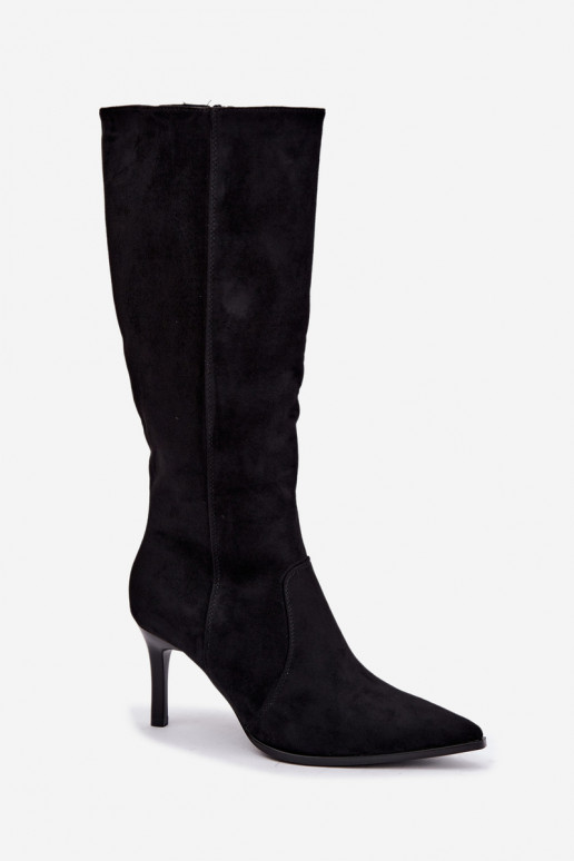 Wärmende hohe Stiefel mit hohen Absätzen, schwarz Taelia