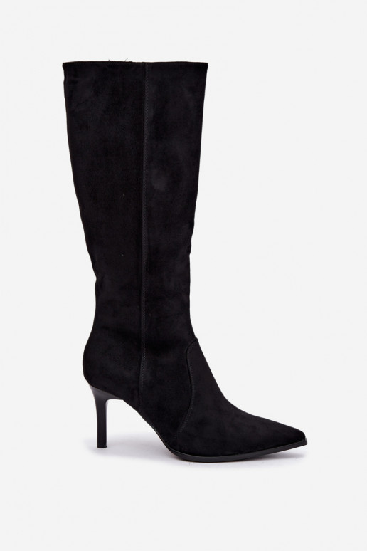 Wärmende hohe Stiefel mit hohen Absätzen, schwarz Taelia