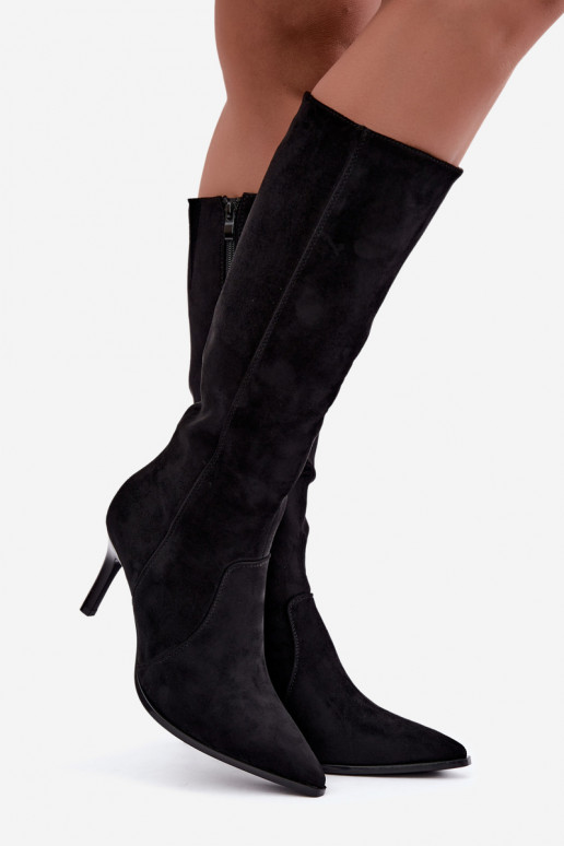 Wärmende hohe Stiefel mit hohen Absätzen, schwarz Taelia