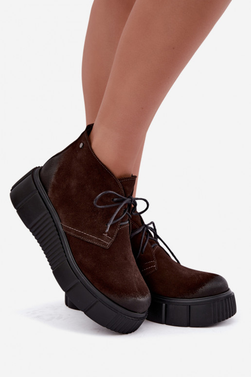 Leder Damen warme Schuhe aus Kunstveloursleder mit Plattform in brauner Farbe Zazoo 60588