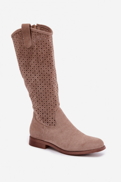 Lange Stiefel mit Ausschnittschaft und breiten Absätzen S.Barski HY62-8144 sand