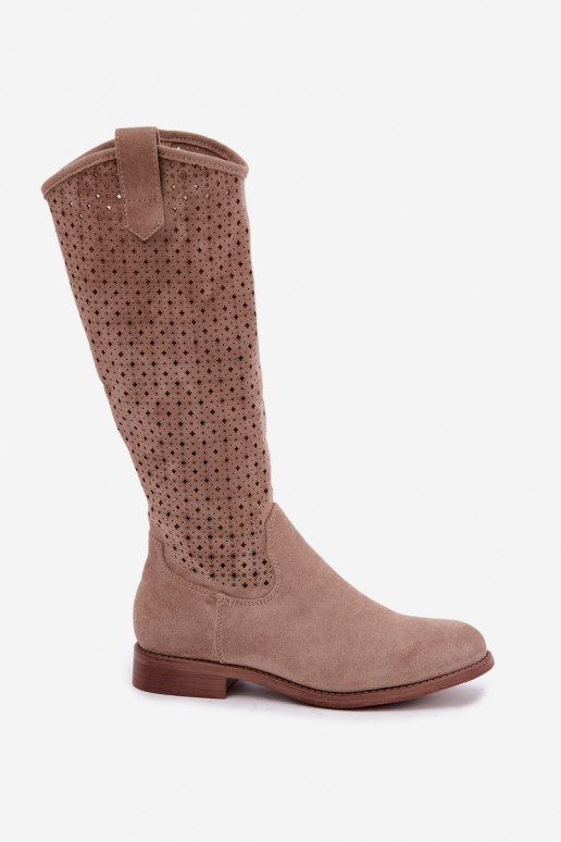 Lange Stiefel mit Ausschnittschaft und breiten Absätzen S.Barski HY62-8144 sand