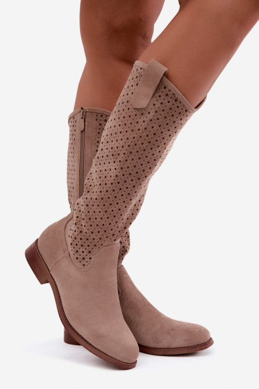 Lange Stiefel mit Ausschnittschaft und breiten Absätzen S.Barski HY62-8144 sand