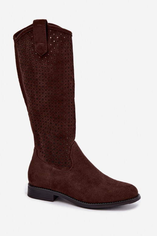 Hohe Stiefel mit Ausschnitten und breiten Absätzen, braun