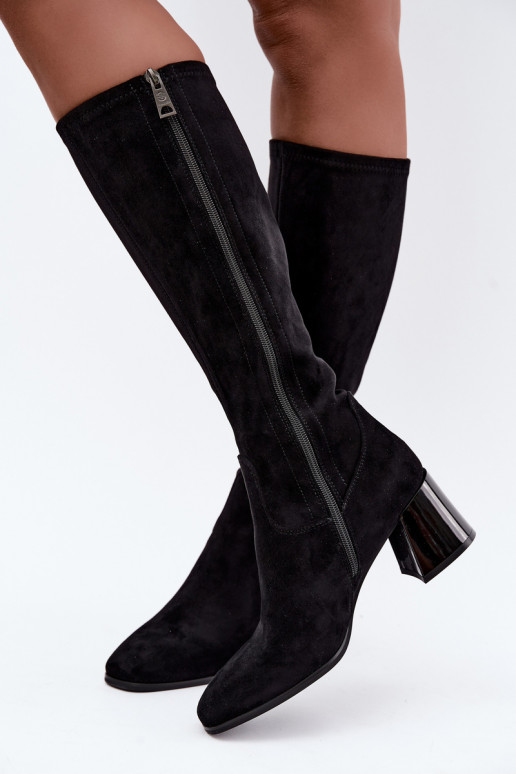 Damen lange Veloursleder-Stiefel mit Absätzen Vinceza 58697 schwarz