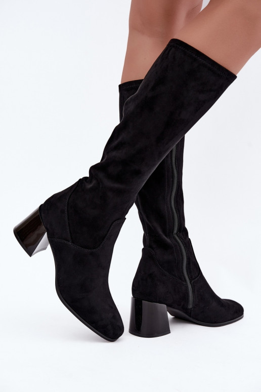 Damen lange Veloursleder-Stiefel mit Absätzen Vinceza 58697 schwarz