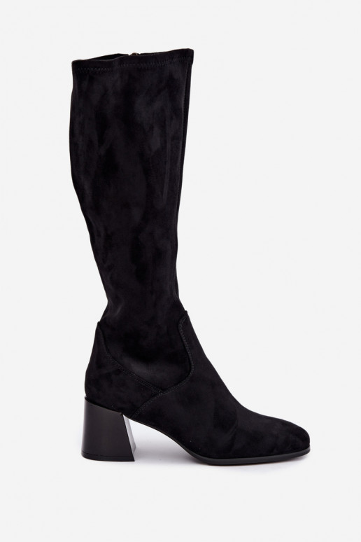 Damen lange Veloursleder-Stiefel mit Absätzen Vinceza 58697 schwarz