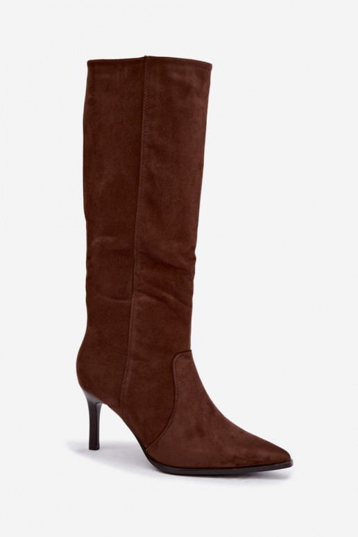 Warme braune kniehohe Stiefel mit Absatz Taelia