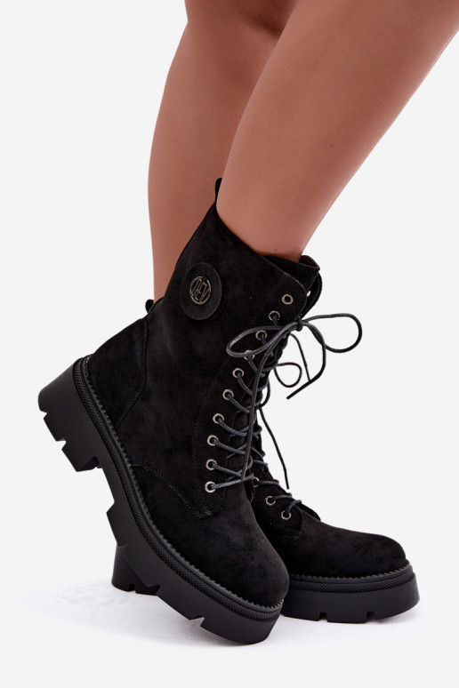 Warme schwarze Damen Stiefeletten aus Kunstveloursleder Livela