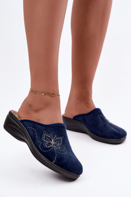 Dunkelblaue Damen-Slipper mit gestickten Schmetterlingen Inblu LY000119
