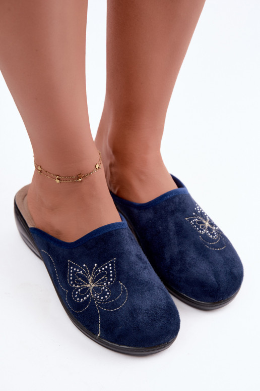 Dunkelblaue Damen-Slipper mit gestickten Schmetterlingen Inblu LY000119