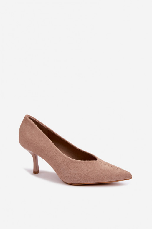 Sandfarbene hochhackige Schuhe mit dekorativer Stickerei Sedria