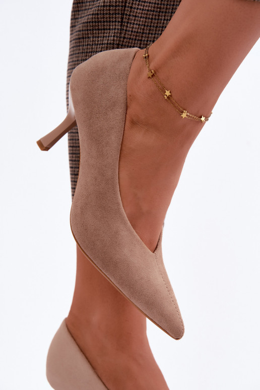 Sandfarbene hochhackige Schuhe mit dekorativer Stickerei Sedria