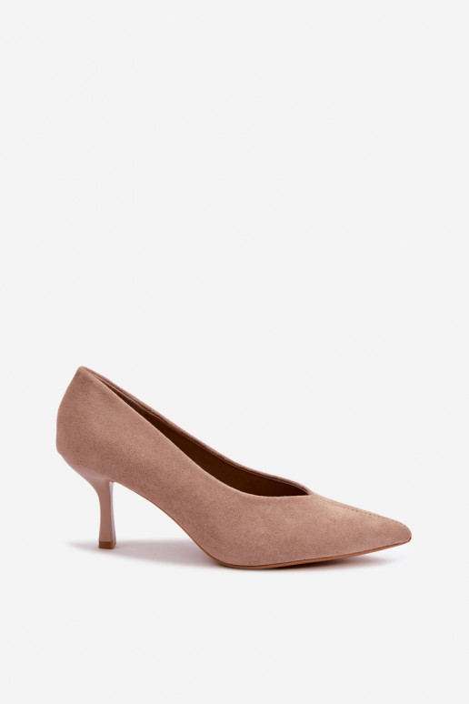 Sandfarbene hochhackige Schuhe mit dekorativer Stickerei Sedria