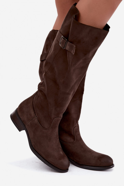 Khaki Damen-Stiefel mit breiten Absätzen und Schnallen Farela