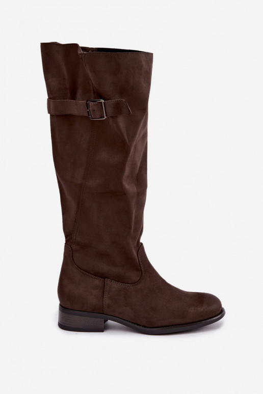 Khaki Damen-Stiefel mit breiten Absätzen und Schnallen Farela