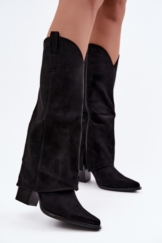 Gefütterte kniehohe Cowboy-Stiefel mit Absätzen und angenähtem Kragen in Schwarz Julena