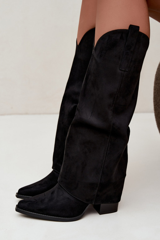 Gefütterte kniehohe Cowboy-Stiefel mit Absätzen und angenähtem Kragen in Schwarz Julena