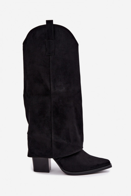 Gefütterte kniehohe Cowboy-Stiefel mit Absätzen und angenähtem Kragen in Schwarz Julena