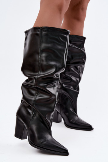 Schlüpfschuhe kniehohe Stiefel mit Absätzen und Rüschen aus Kunstleder in Schwarz Jensy 2