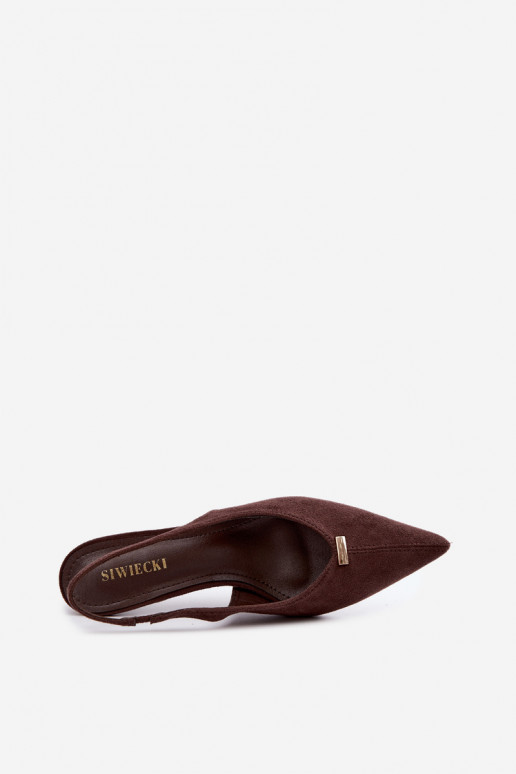 Offene Fersen Schuhe mit goldenen Details und dünnen Absätzen in Schokoladenfarbe Renisa