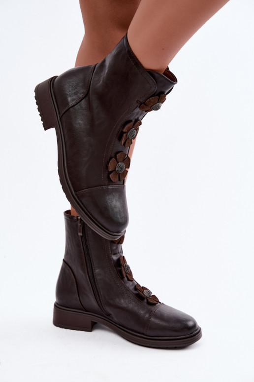 Damenstiefel mit breiten AbsätzenDekoracyjnymi mit floralen Motivenkami sich Zuarm laufen CzekoladoZue Pravienne Ermöglichtdela