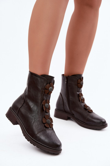 Damen Stiefeletten mit breiten Absätzen und Blumenmotiven in Schokolade 2