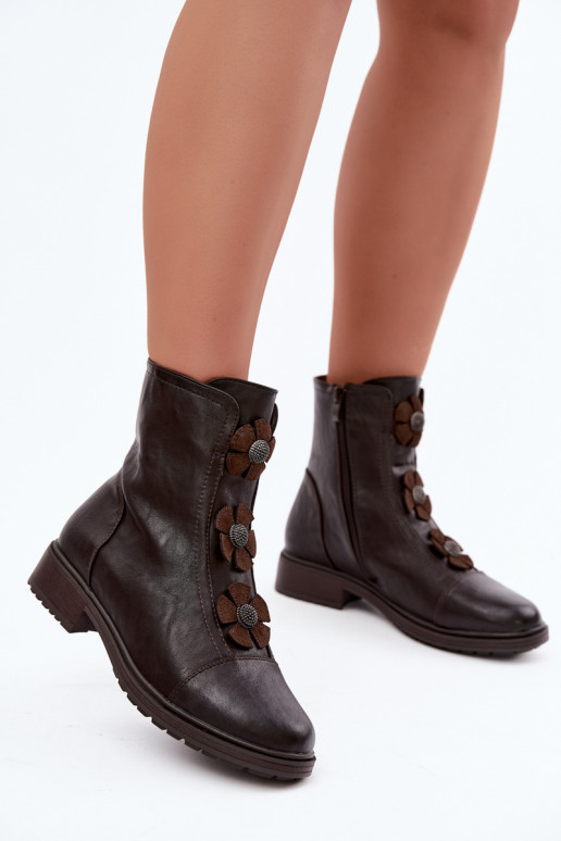 Damen Stiefeletten mit breiten Absätzen und Blumenmotiven in Schokolade