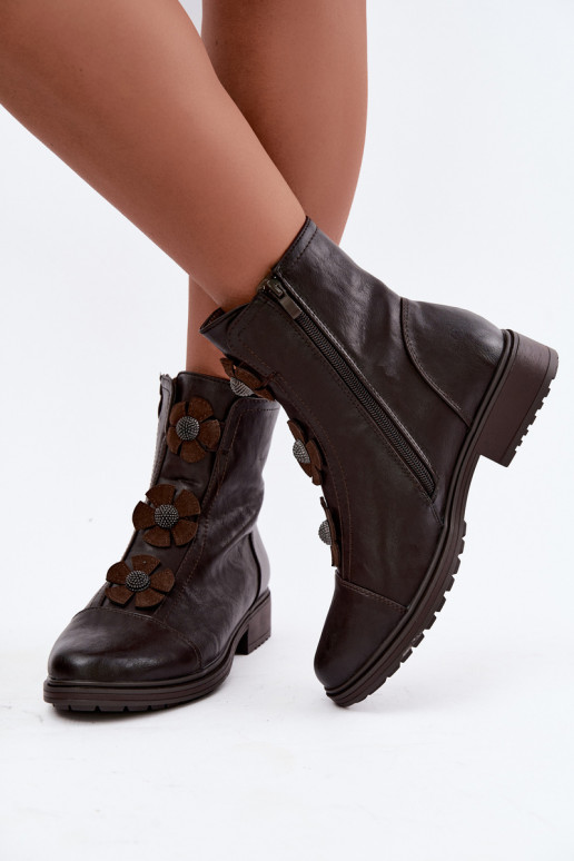 Damen Stiefeletten mit breiten Absätzen und Blumenmotiven in Schokolade