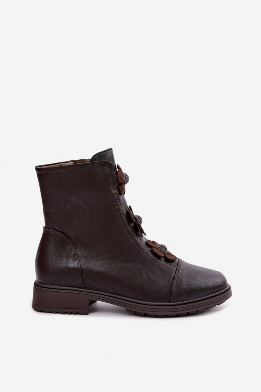 Damen Stiefeletten mit breiten Absätzen und Blumenmotiven in Schokolade
