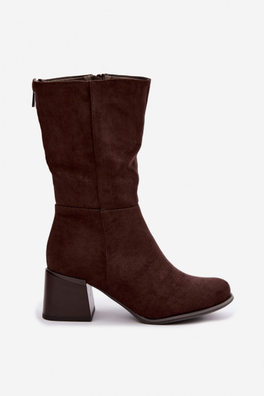 Wärmende lange Stiefel aus Kunstveloursleder Klocke in Schokolade