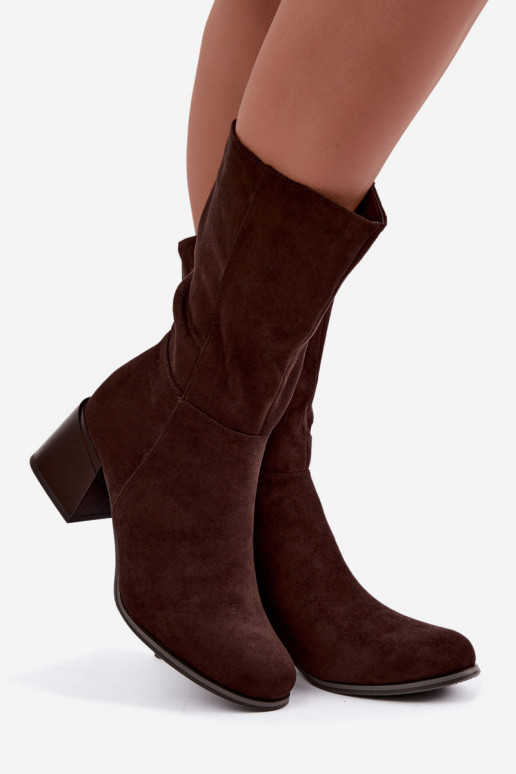 Wärmende lange Stiefel aus Kunstveloursleder Klocke in Schokolade