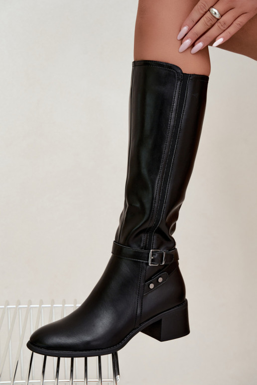 Wärmende schwarze kniehohe Stiefel mit Schnallen Sergio Leone KZ-07