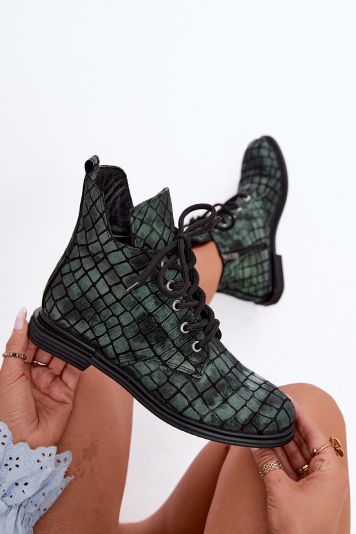 Grüne Leder-Stiefeletten mit breiten Absätzen Artiker 55C1325