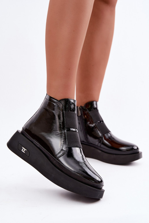 Schwarze Leder-Stiefeletten mit Plateau und Lackeffekt Artiker 55C0820