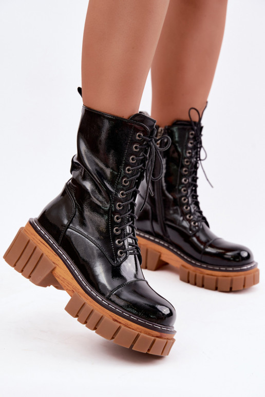 Haut mit Lackeffekt Arbeitsstiefeletten Feminin sich Zuarm laufen Artiker 49C0344 schZuarze Farbe