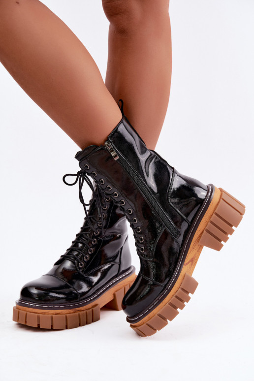 Haut mit Lackeffekt Arbeitsstiefeletten Feminin sich Zuarm laufen Artiker 49C0344 schZuarze Farbe
