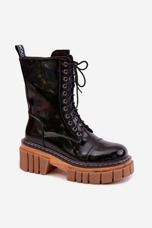 Haut mit Lackeffekt Arbeitsstiefeletten Feminin sich Zuarm laufen Artiker 49C0344 schZuarze Farbe