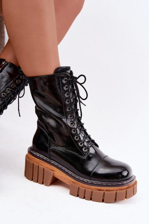 Haut mit Lackeffekt Arbeitsstiefeletten Feminin sich Zuarm laufen Artiker 49C0344 schZuarze Farbe