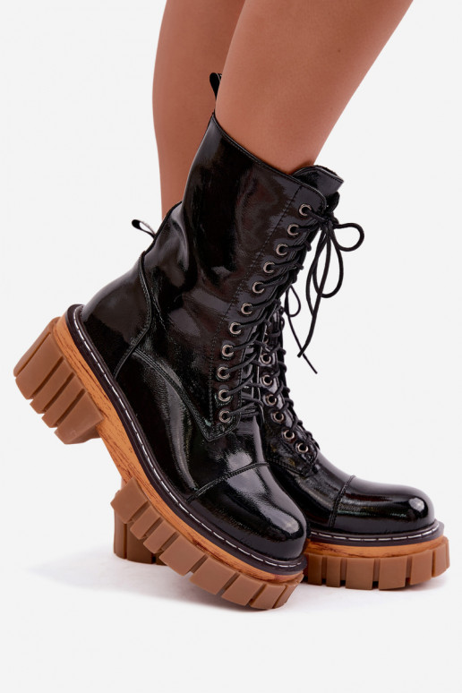 Schwarze Leder-Stiefeletten für die Arbeit mit Lackeffekt Artiker 49C0344