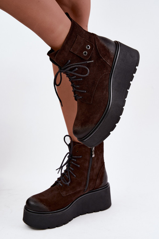 Zazoo 60499 Damen Stiefeletten aus Kunstveloursleder mit Plateau in Schokoladenfarbe